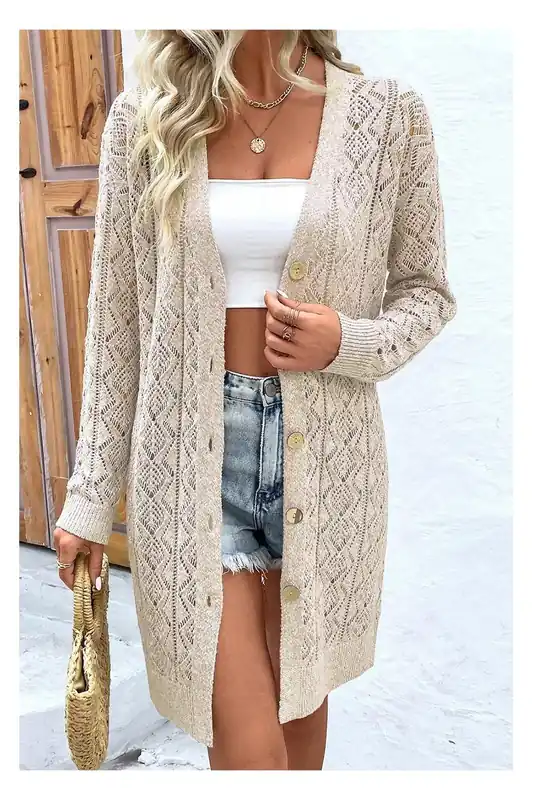 Parchment Hollow Out Buttons Front Long Cardigan - Everyday The Label