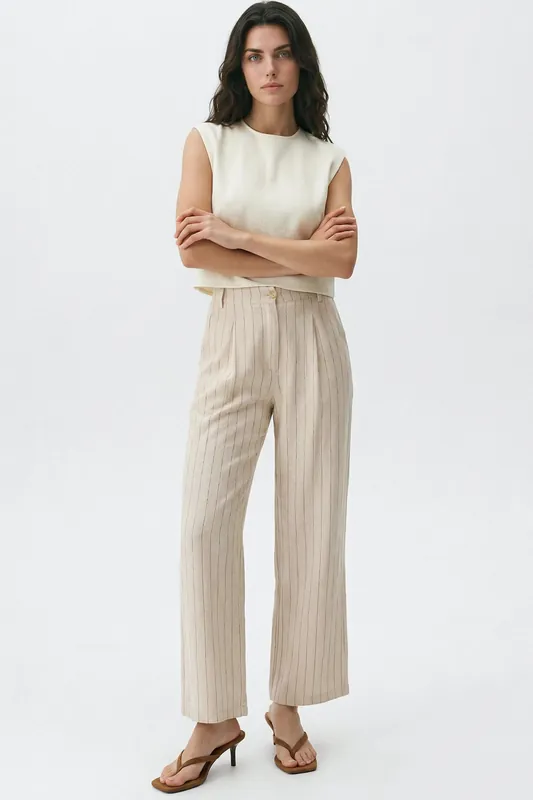 Beige Striped Linen Blend Trousers - Aftershock London