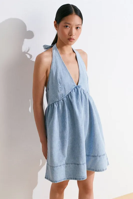 Mini Cotton Denim Halter Dress - Dilvin