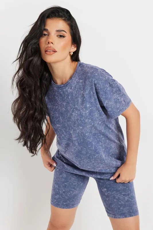 Petite Acid Wash T-Shirt & Cycling Short Co-Ord