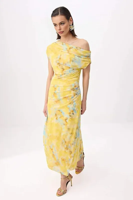 Floral Printed One Shoulder Draped Maxi Dress with Bodycon Fit - WOVCOR