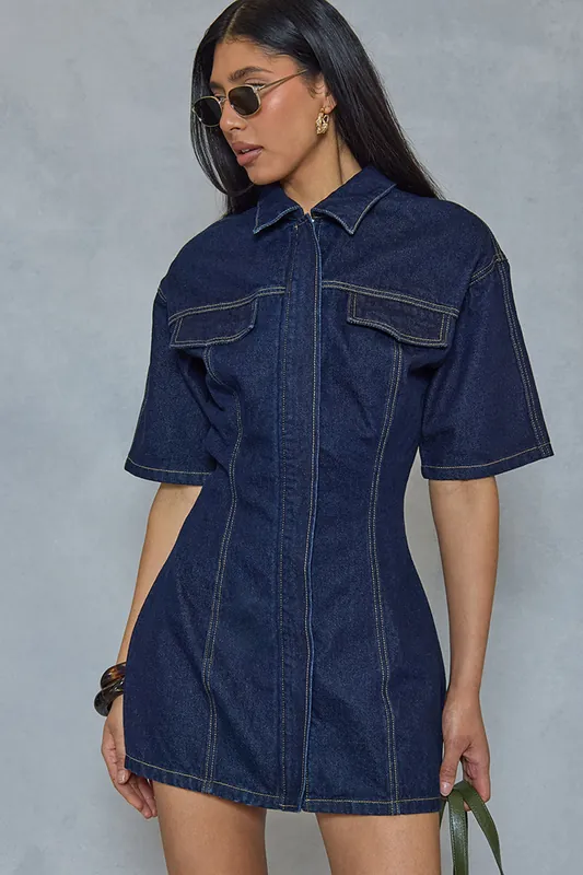 Short Sleeve Denim Mini Dress - EGO