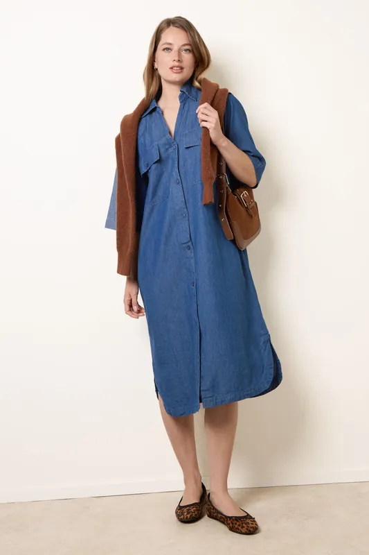 Blue Button Front Denim Shirt Dress - Blue Vanilla
