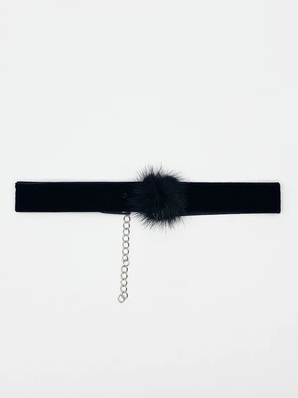 Black Faux Velvet Band Choker Necklace With Black Pom Pom - SVNX