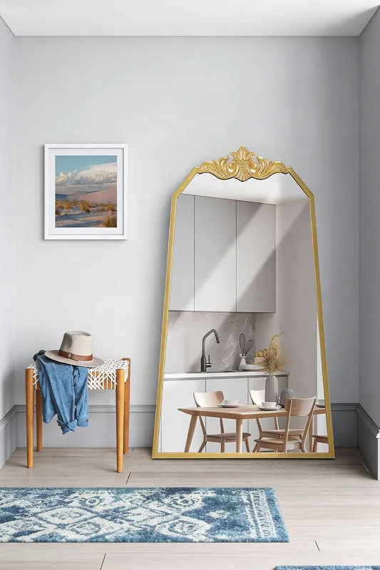 60cm W x 90cm H Gold Wave Carved Metal Framed Decorative Wall Mirror Makeup Mirror - Living and Home