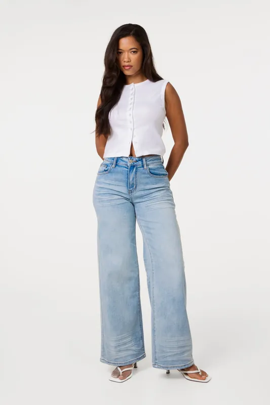 Light Blue Whisker Wide Leg Jeans - Pink Vanilla