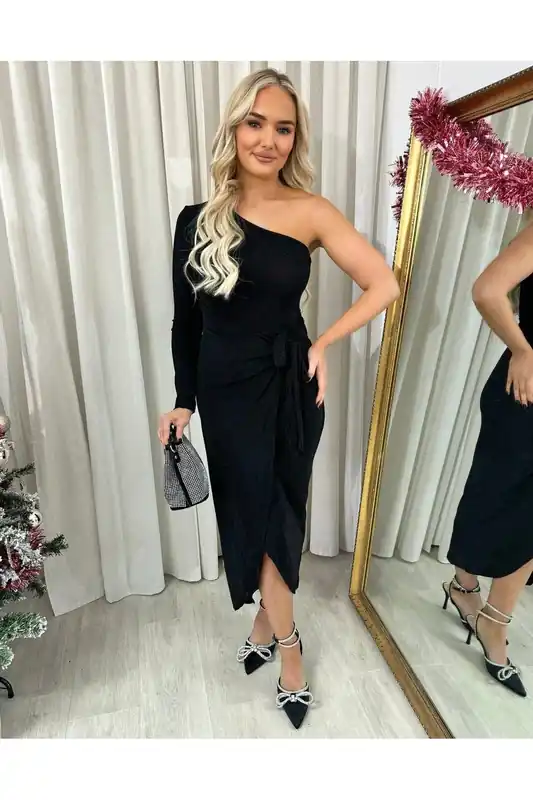 Jodie One Shoulder Wrap Front Glitter Midi Dress - IKRUSH