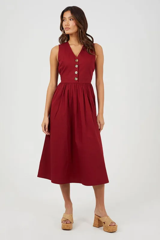 Sleeveless V-Neck Button Down Midi Dress