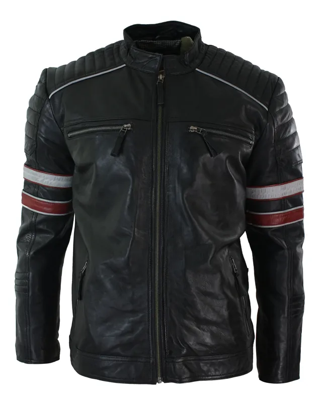 Biker Jacket White Stripes Leather - TruClothing