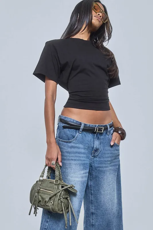 Fitted Short Sleeve Crew Neck Shoulder Pads T-shirt