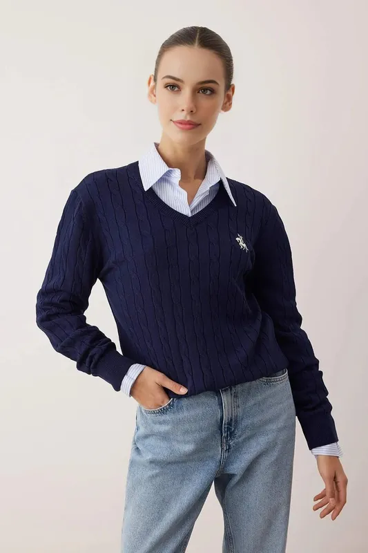 Embroidered Motif V-Neck Cable Knit Jumper