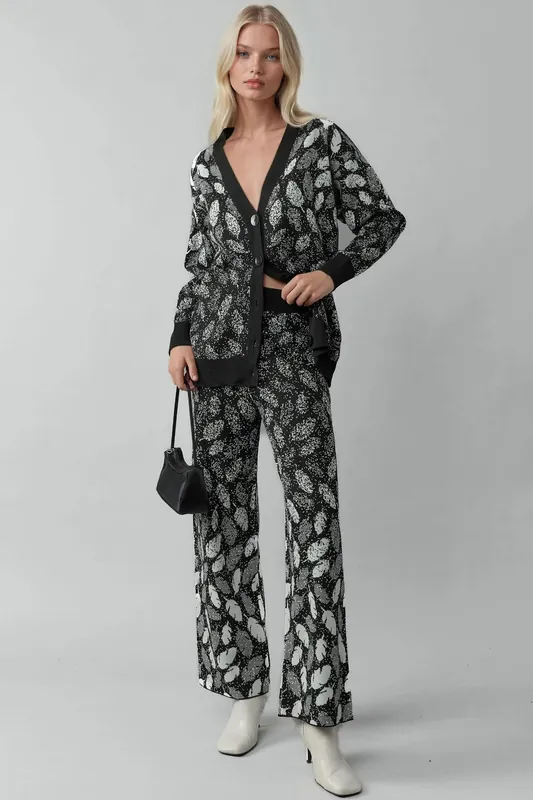 V-Neck Jacquard Knit Cardigan and Wide Leg Pants Set