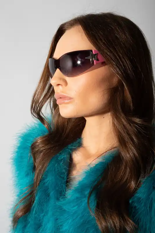 Wrap Around Racer Sunglasses with Star Hinge Detail in Pink - SVNX
