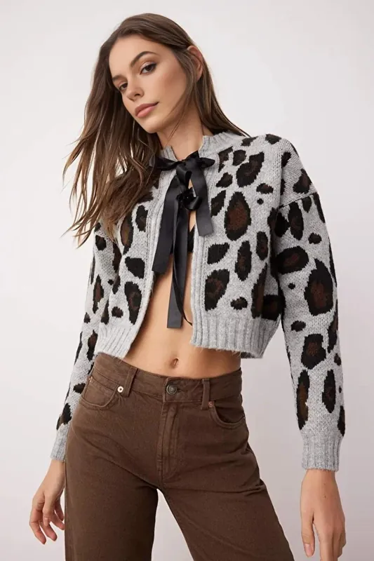 Leopard Print Crop Knit Cardigan Button Detail - WOVCOR