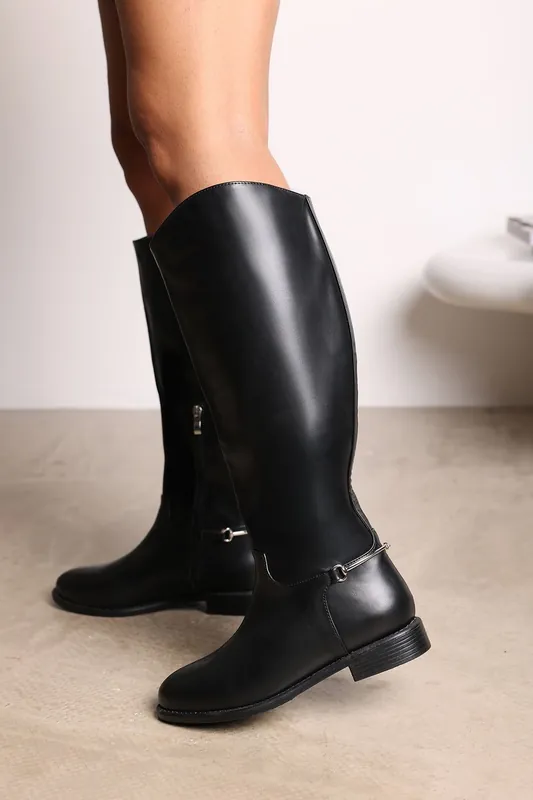 Nyla' Knee High Boots With Low Flat Heel And Back Buckle Detail - Where's That From