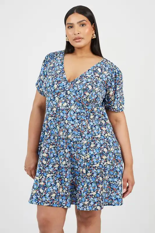 Curve Floral Puff Sleeve V-Neck Mini Dress