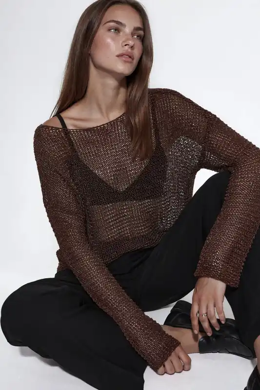 Semi-Sheer Boat Neck Knit Sweater