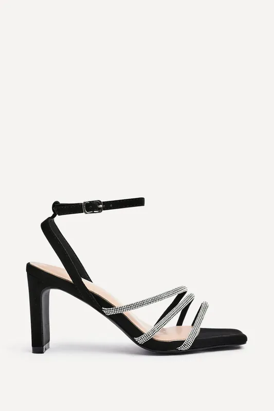 Glimmer Black Faux Suede Diamante Block Heel - Linzi