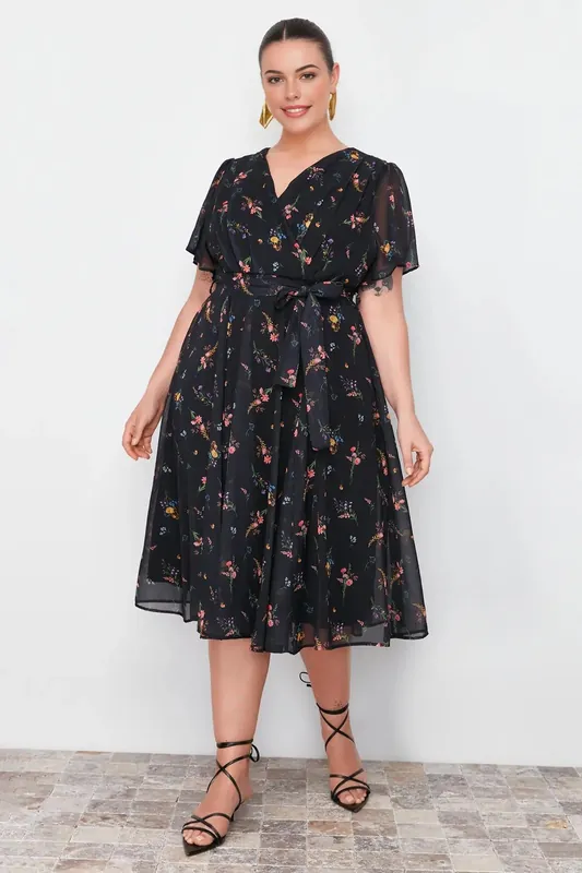 V-Neck Floral Wrap Midi Dress with Flutter Sleeves