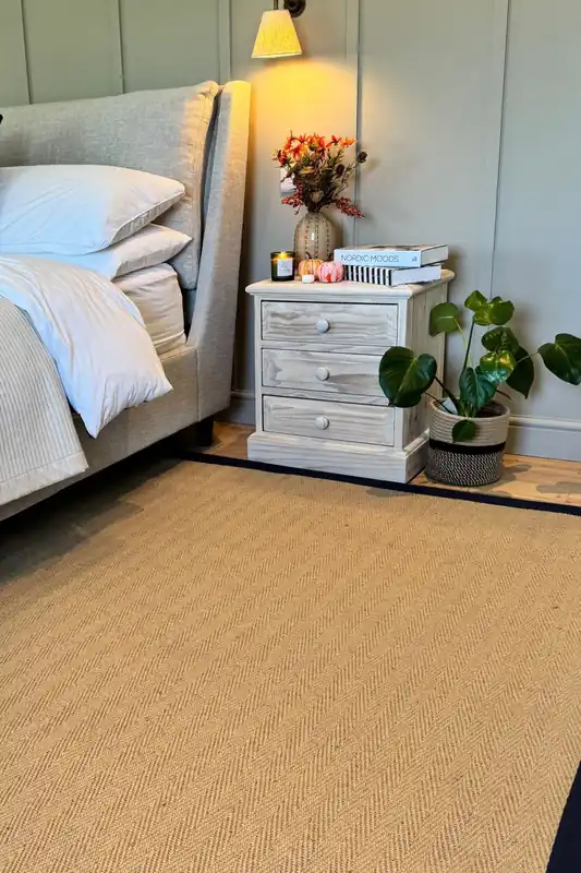 Natural Golden Beige Jute Micro Woven Herringbone Pattern Cotton Border Area Rug - Kukoon