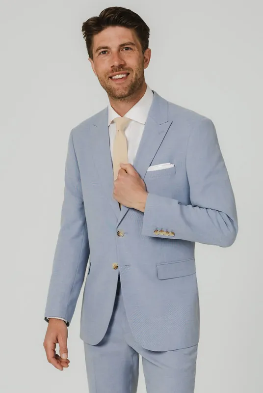 Light Blue Hopsack Suit Jacket with Peak Lapel - Dobell