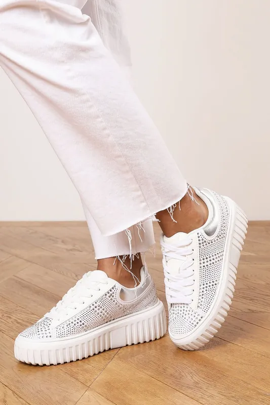 Eliane' Lace Up Trainer with Diamante pattern and chunky sole - Where's That From