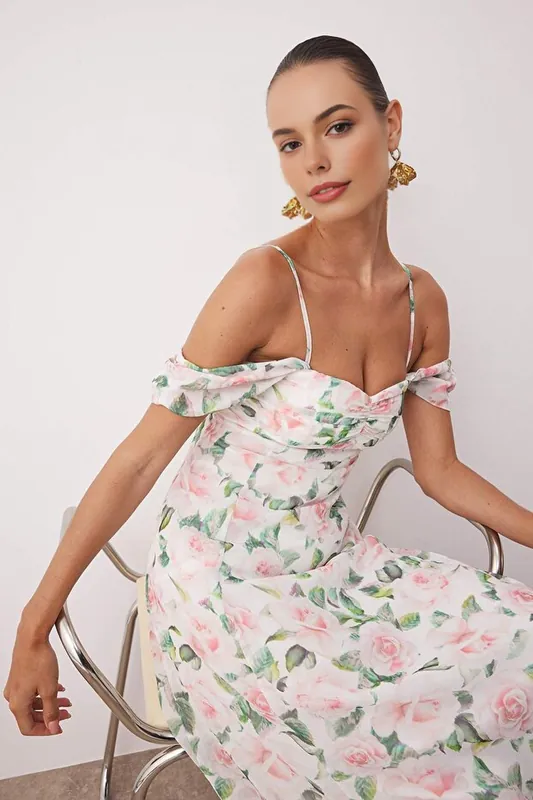 Floral Chiffon Off Shoulder Maxi Evening Dress - WOVCOR