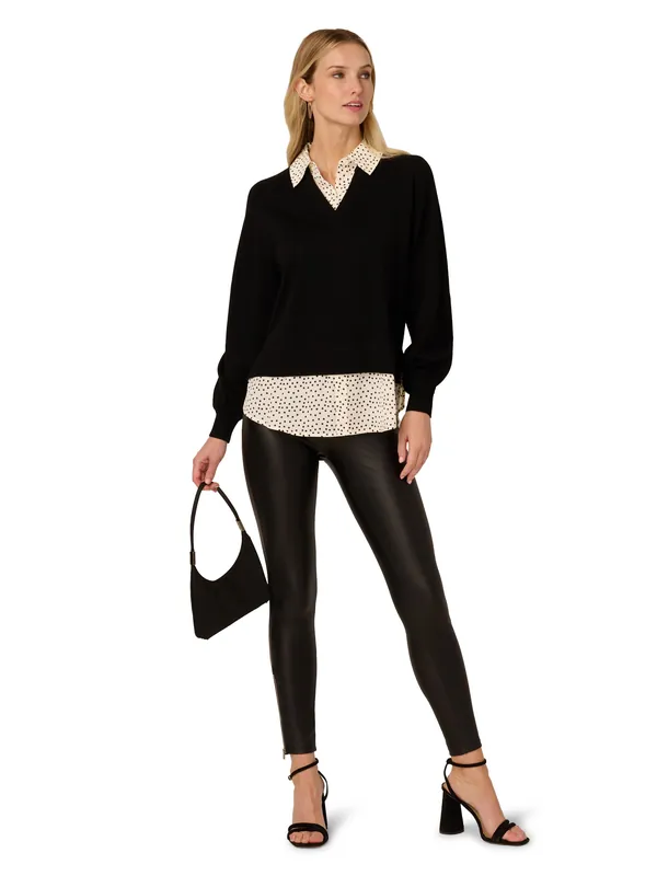 Long Raglan Sleeve Twofer Sweater With Printed Woven Combo - Adrianna Papell