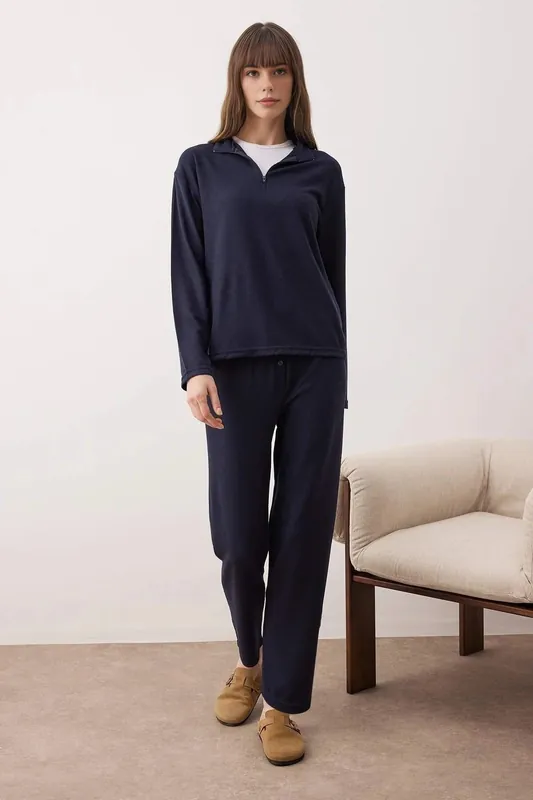 Zip Neck Long Sleeve Waffle Knit Wide Leg Winter Pyjama Set - WOVCOR