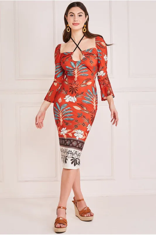 Printed Tie Back Midi Dress - Goddiva