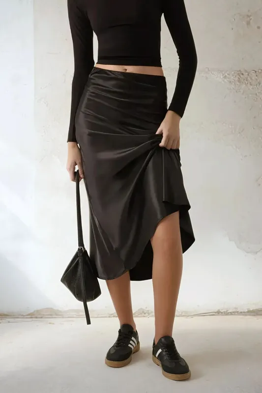 High Waist Satin Midi Skirt - Hiccup