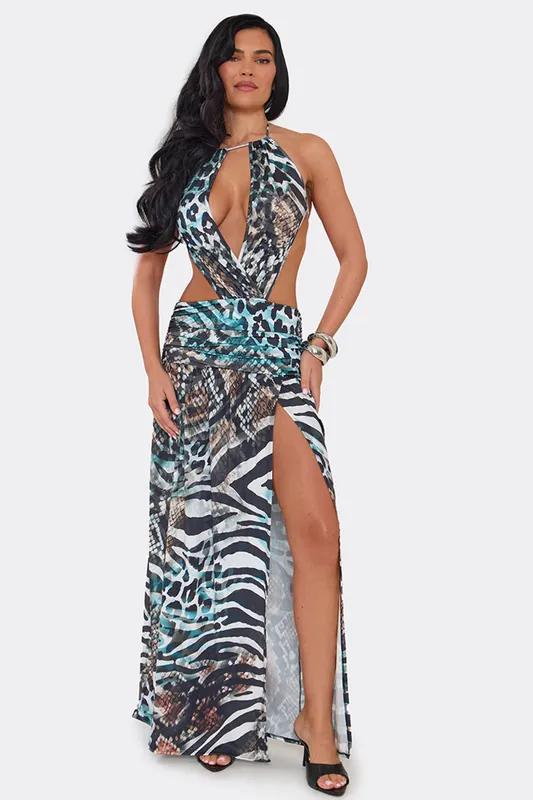 Sleeveless Cut Out Animal Print Maxi Dress - EGO