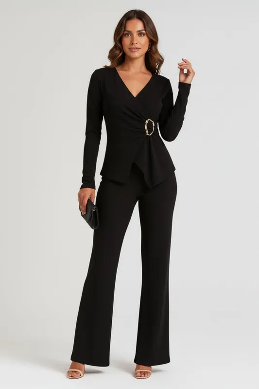 Peplum Wrap Long Sleeve and Wide Leg Trouser Co-ord Set