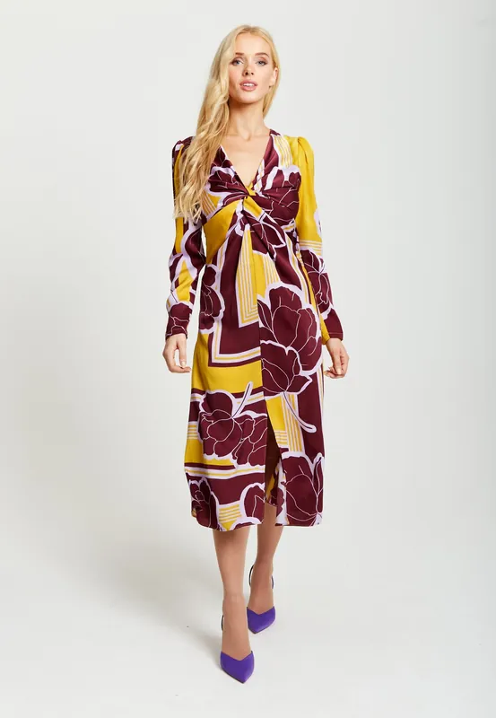 Geometric Floral Print Knotted Midi Dress In Mustard And Burgundy - Liquorish