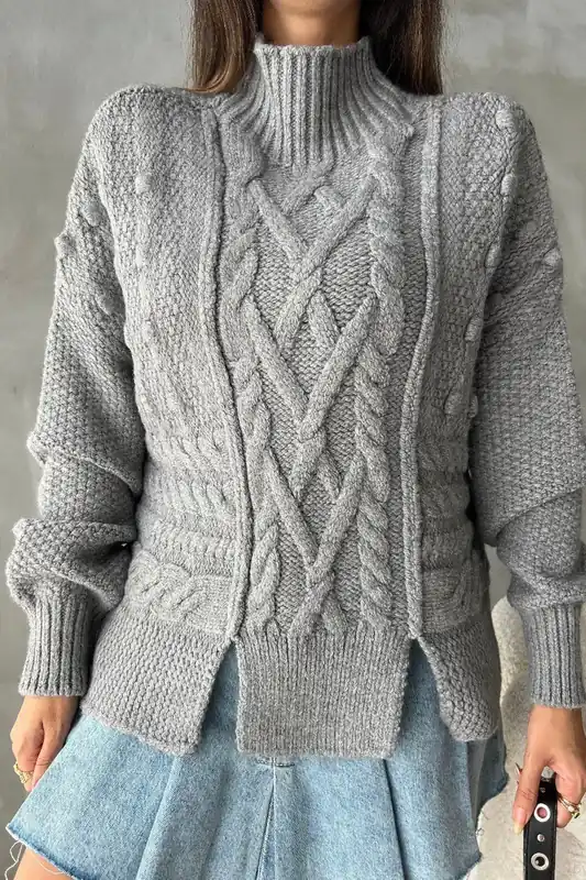Cable Knitted High Neck Sweater with a Slit - Hiccup