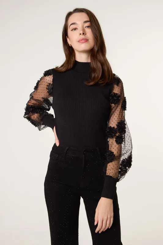 Black Turtle Neck Jumper With Mesh Polka Dot And Flower Detail - Blue Vanilla