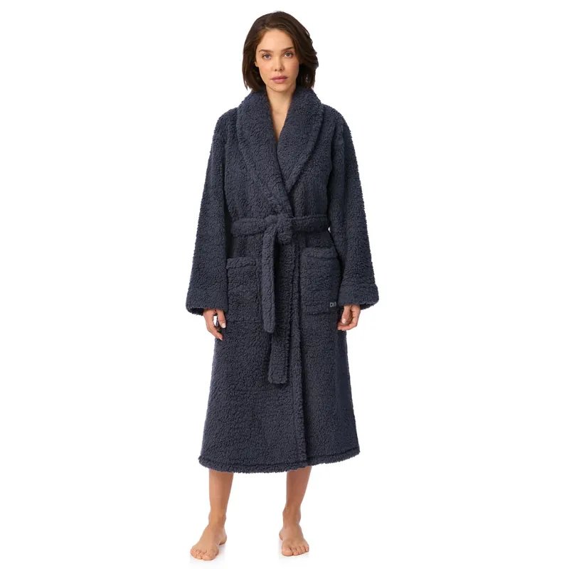 122cm Long Sleeve Shawl Collar Robe in Dark Graphite Frosted Sherpa - DKNY