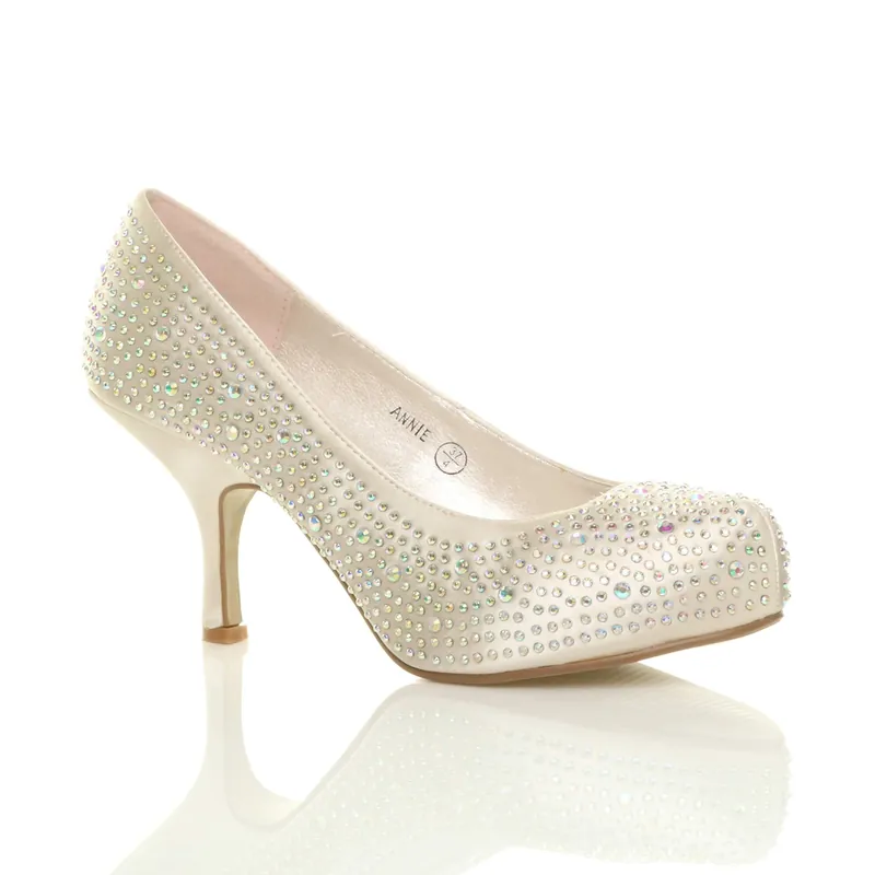 Mid Heel Diamante Satin Court Shoes - AJVANI