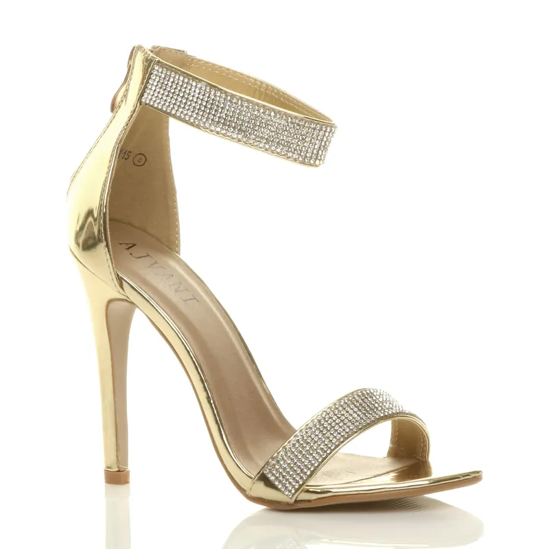 High Heel Diamante Barely There Patent Heeled Sandals - AJVANI