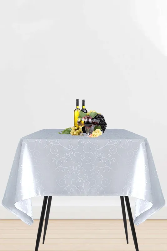 Neel Blue Square Damask Tablecloth, Overlay Swirl Dinner Tablecover