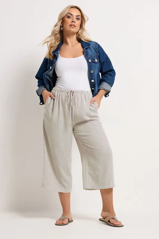 Stripe Linen Look Cropped Trousers - Yours