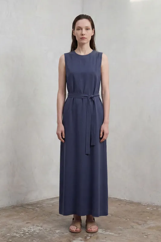 Belted Sleeveless Maxi Dress with Crew Neck - MyFashion