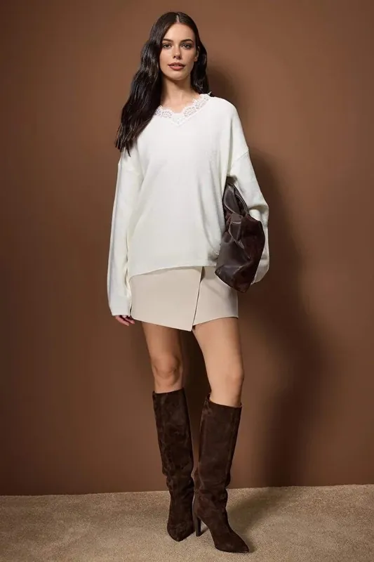 Soft Texture V-Neck Lace Detail Knit Jumper