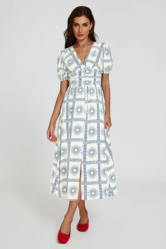 Geo Print Midi V neckline Dress In White - FS Collection
