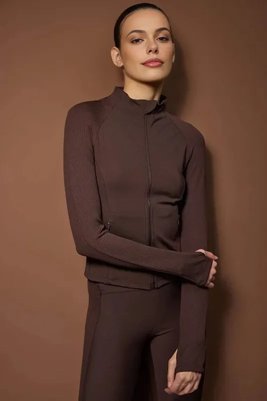 Women's Ribbed Sleeve Zip Up Sports Jacket with Stand Collar - WOVCOR