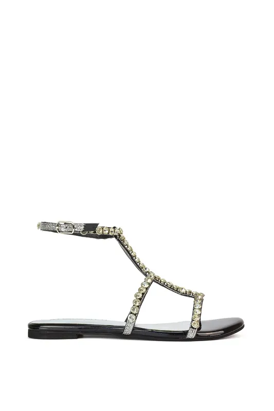 Alisha' Sparkly Diamante Open Toe Flat Strappy Sandal Shoes With Ankle Strap - XY London