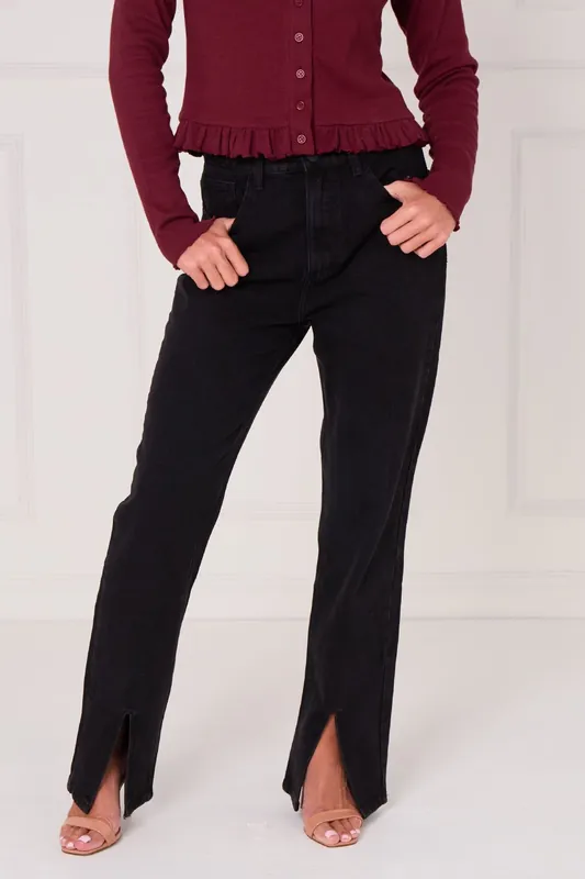Black Front-Slit Straight Leg Jeans