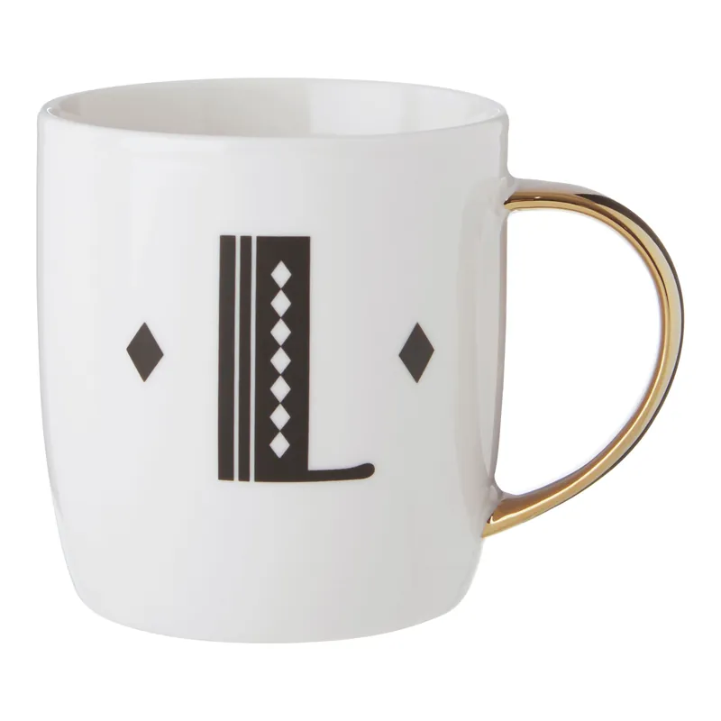Diamond Deco L Letter Monogram Mug,Travel Cup With Gold Accents,Bone China Coffee Tumbler,Sturdy Coffee Mug - Orsina