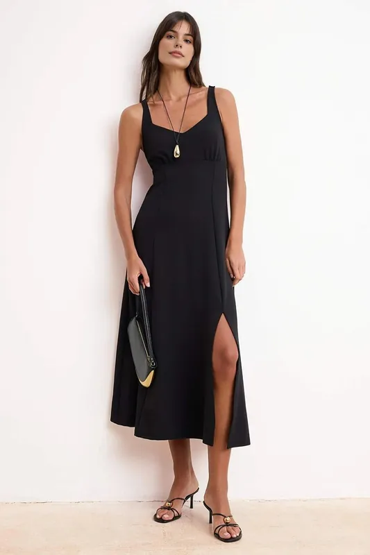 Sweetheart Strappy Flared Maxi Dress with Side Slit - WOVCOR