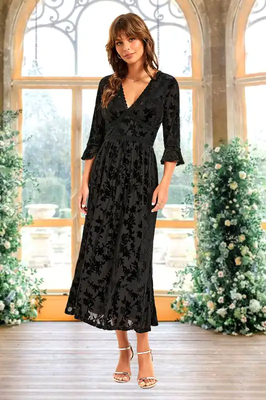 Floral Velvet Devore Lace Trim Neckline Midi Dress In Black - FS Collection